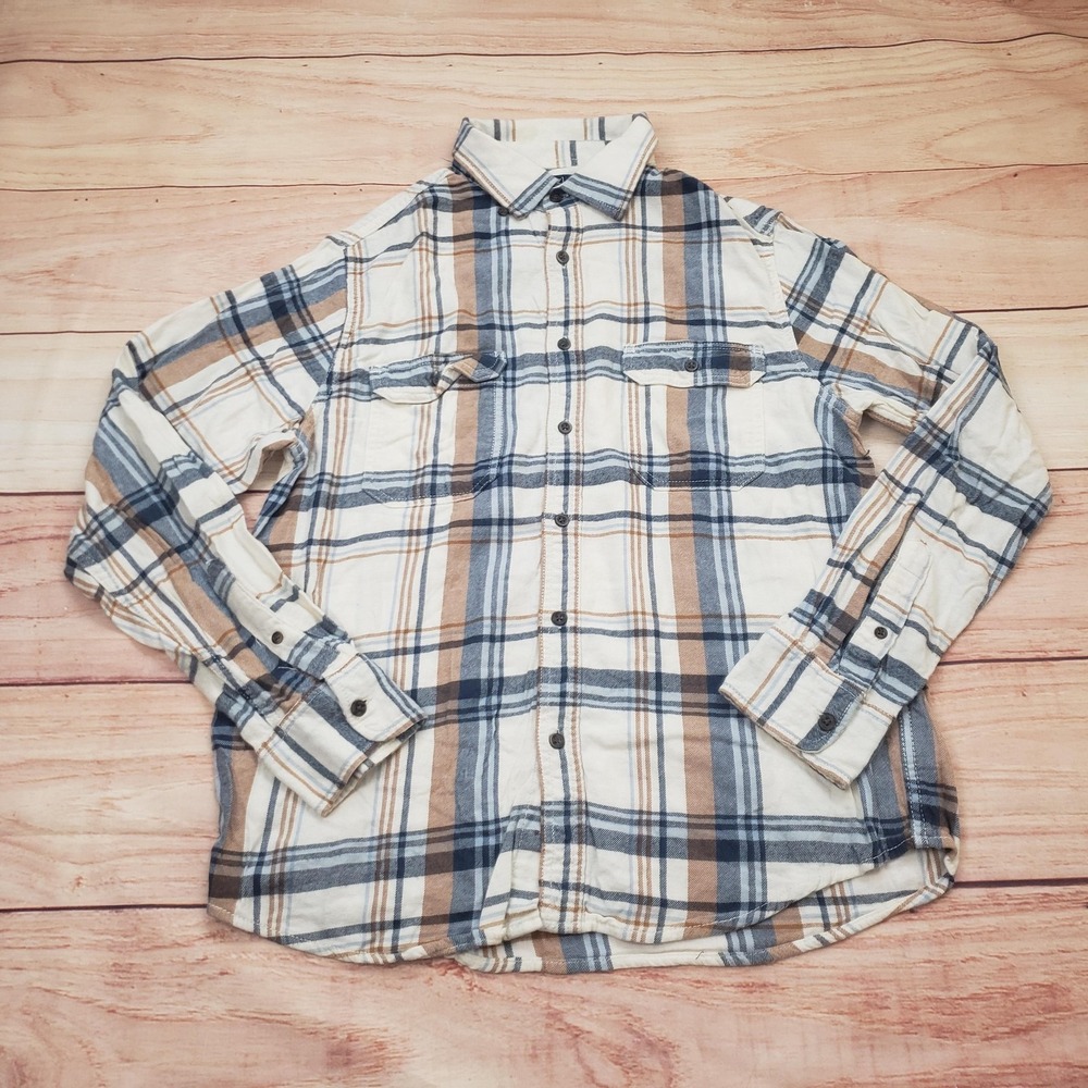 George Shirt Mens Medium Cream Blue Tan Plaid Flannel Button Up Long Sleeve